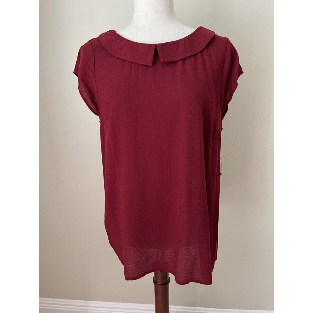 Modcloth Cap Sleeve Blouse Top Size L Burgundy Retro Peter Pan Collar NWT